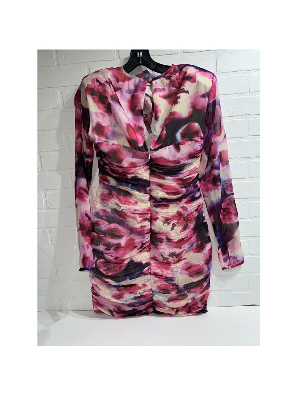 Karen Millen Pink and Purple Floral Ruched Long-Sleeve Mini Dress